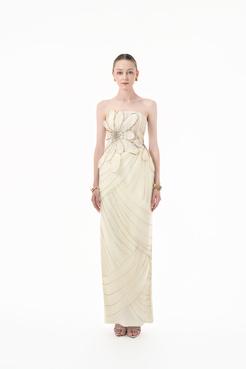 Ivory 3D floral corset column gown by Happy Clothing, featuring intricate 3D floral embroidery and a sleek, elegant silhouette.
