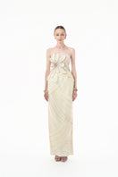 Ivory 3D floral corset column gown by Happy Clothing, featuring intricate 3D floral embroidery and a sleek, elegant silhouette.