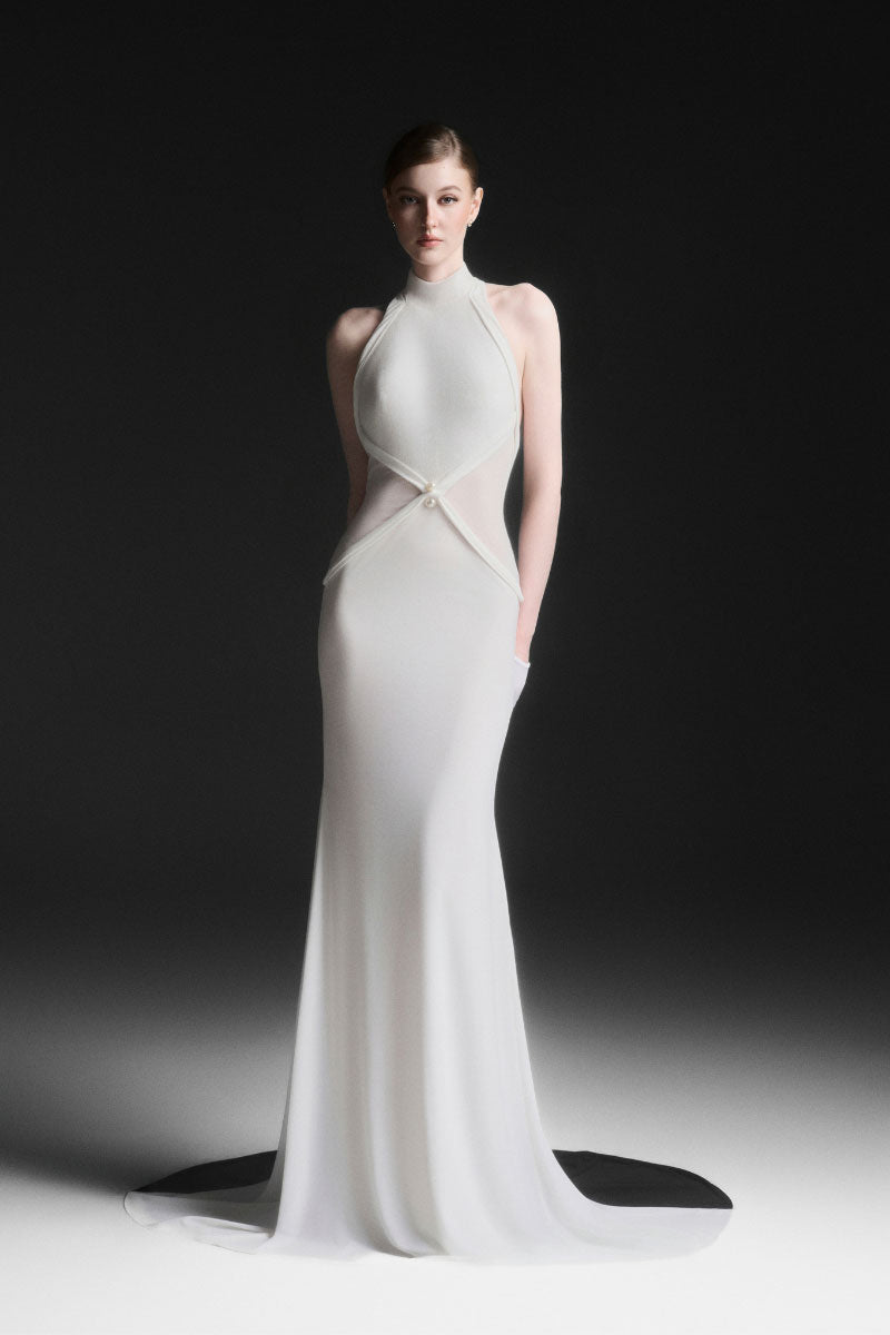 White XANTHEIR Mermaid Maxi Dress by Maison Des Copains, floor-length gown with a fitted silhouette and elegant design.