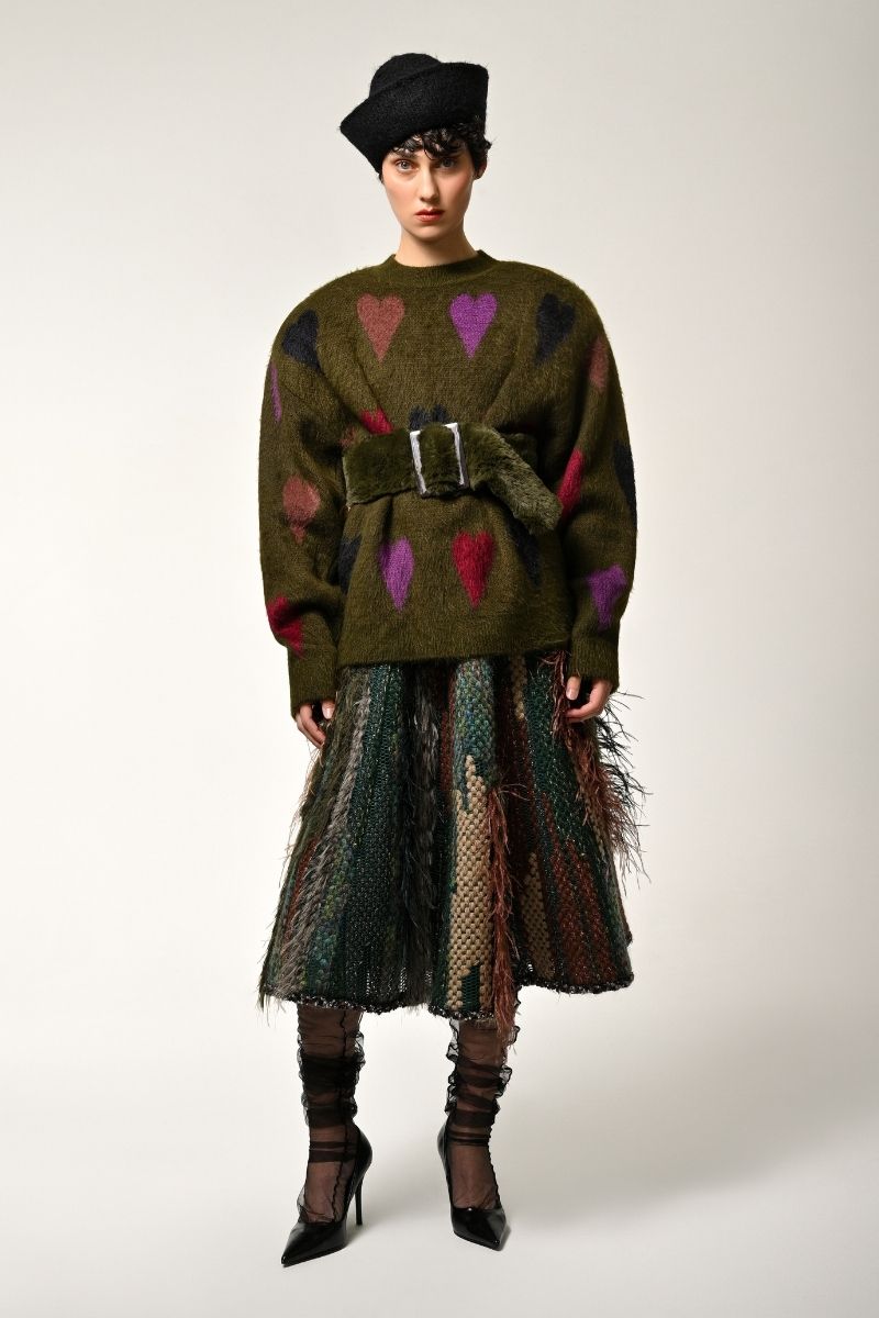 HEART SWEATER IN GREEN MULTI - CULT MIA
