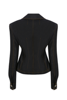 Sudi Etuz raw denim blazer with shoulder pads, stylish casual jacket featuring classic denim texture and tailored fit.