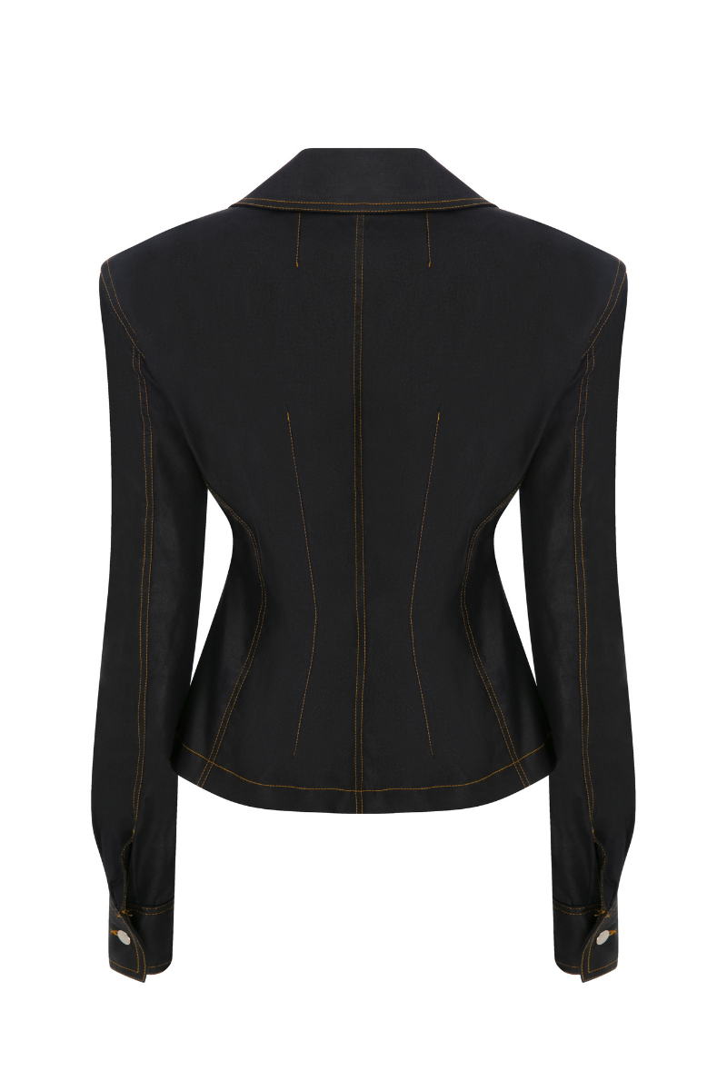 Sudi Etuz raw denim blazer with shoulder pads, stylish casual jacket featuring classic denim texture and tailored fit.