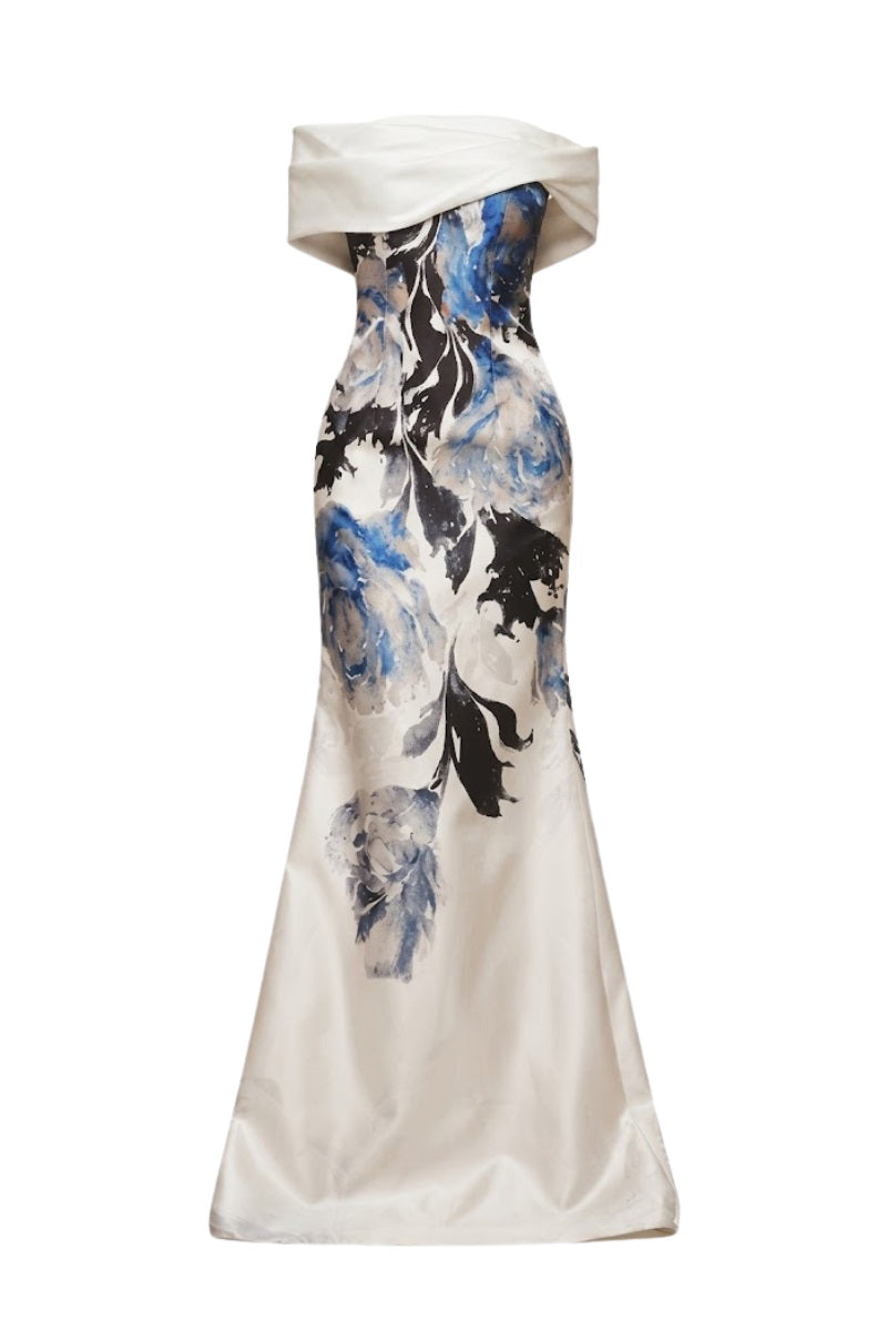 Cobalt blossom strapless maxi gown by Margée Atelier featuring a flowing silhouette and elegant design.