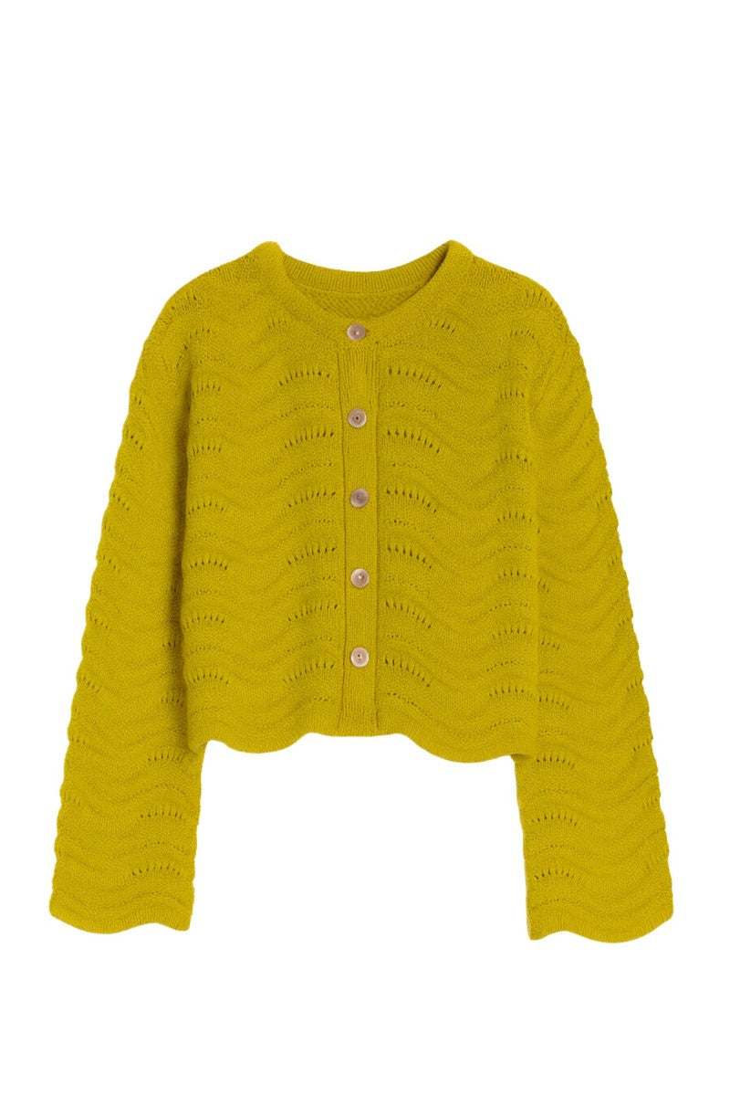 Rebecca Taylor pear green knit cardigan, a cozy tops piece with a textured knit design, shown on a model.