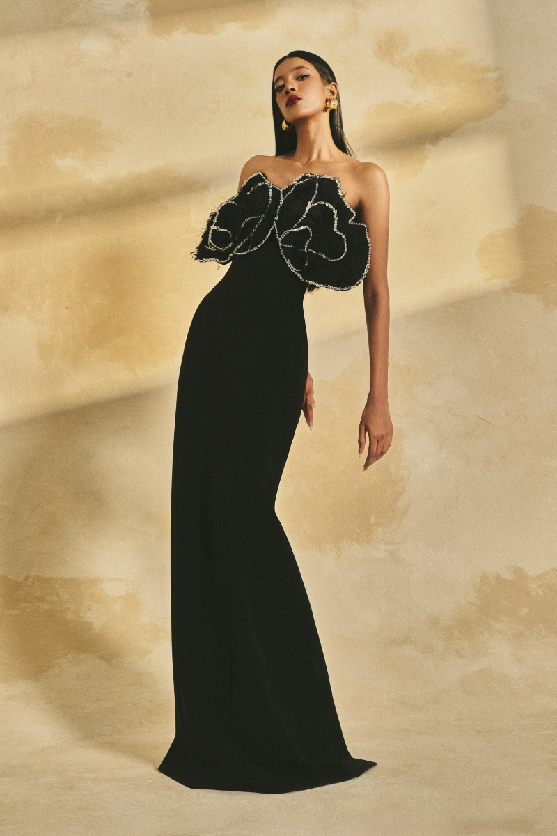 OFF-SHOULDER POLY CREPE AND FRINGE JACQUARD MAXI DRESS | CULT MIA | L'SCARLETT OFF-SHOULDER POLY CREPE AND FRINGE JACQUARD MAXI DRESS | CULT MIA | L'SCARLETT
