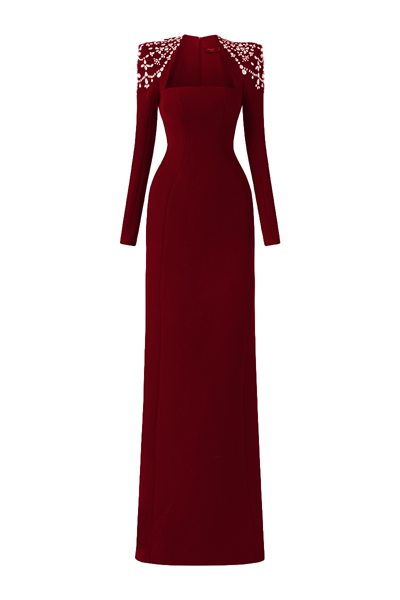 RED LONG SLEEVE TRAPEZOID NECKLINE BODYCON FULL DRESS - CULT MIA