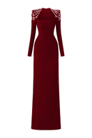 Tracy Studio SR Red long sleeve trapezoid neckline bodycon maxi dress displayed on a model, showcasing a fitted silhouette and elegant design.