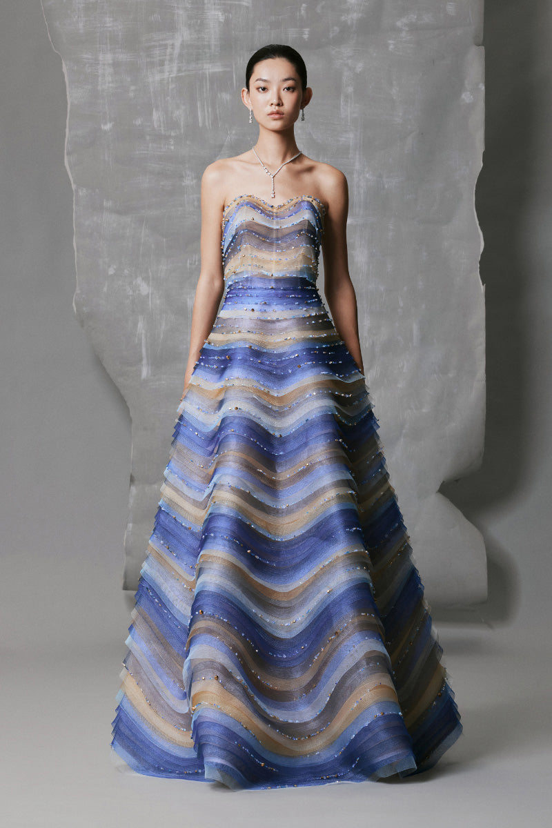 GRADIENT BLUE STRETCH-MESH A-LINE DRESS