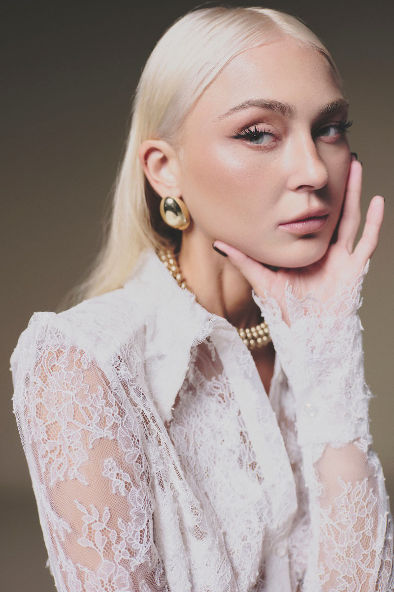 White petal sheer long sleeves shirt by Keira Tong, lightweight fabric with delicate floral design and elegant long sleeve style.