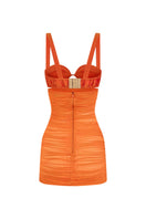 Red draped ruched mini dress and matching bra by CEM, featuring a stylish, fitted design with ruched detailing.