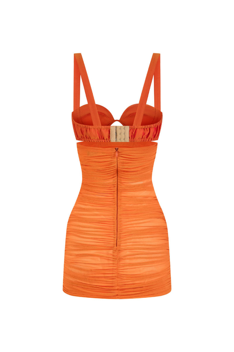 Red draped ruched mini dress and matching bra by CEM, featuring a stylish, fitted design with ruched detailing.