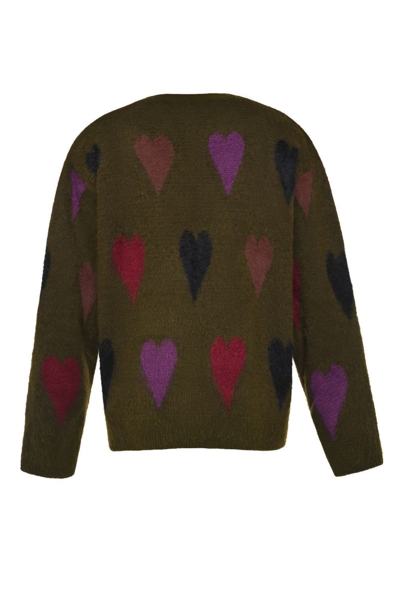 Lalo heart sweater in green multi with knit pattern, cozy and stylish, shown on a model. Perfect for casual wear.