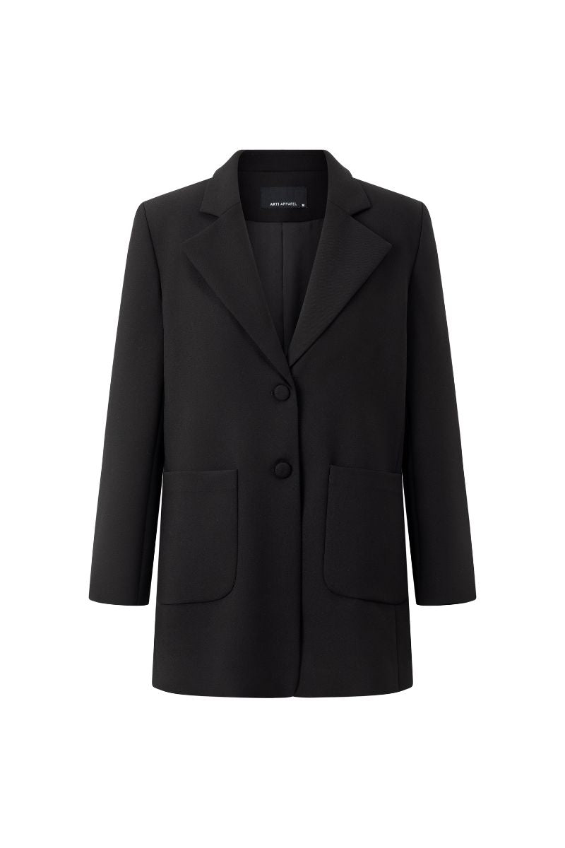 Black Ontario blazer by Arti Apparel, tailored fit with lapels, displayed on a hanger against a neutral background.