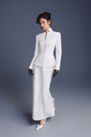 White zipper corset pencil maxi skirt by Keira Tong, featuring a fitted silhouette and front zipper detail.