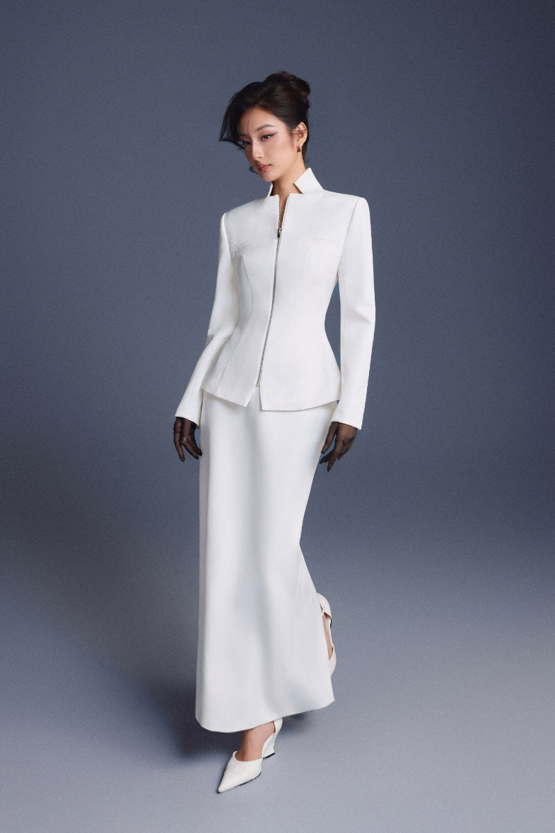 White zipper corset pencil maxi skirt by Keira Tong, featuring a fitted silhouette and front zipper detail.