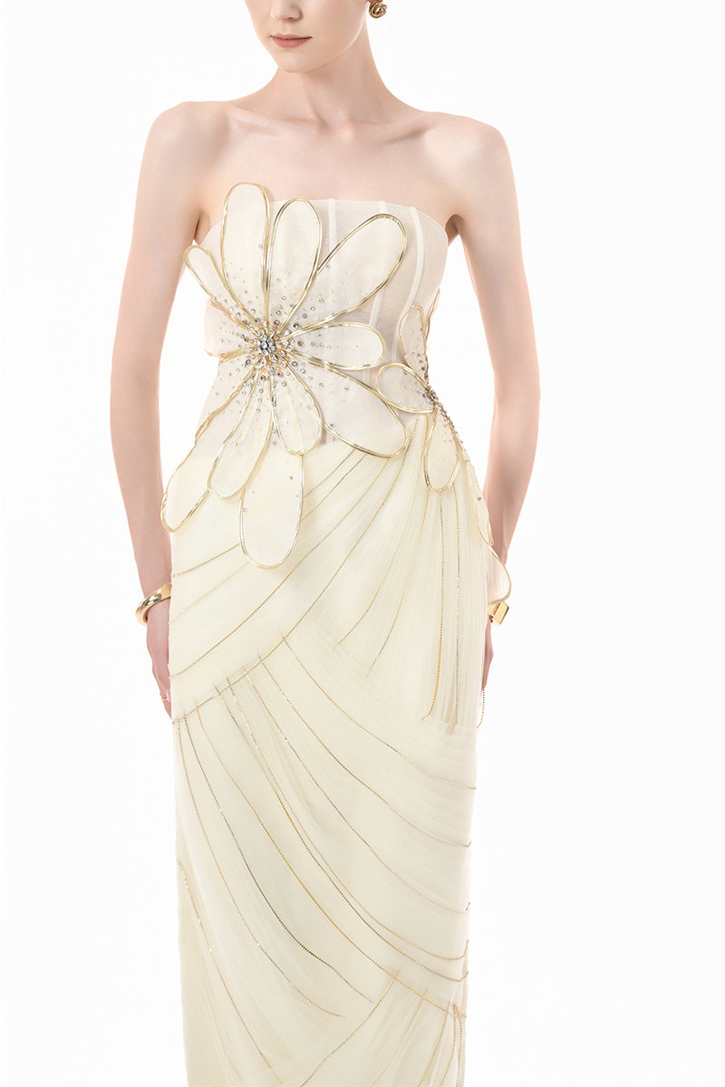 Ivory 3D floral corset column gown by Happy Clothing, featuring intricate floral details and a sleek elegant silhouette.