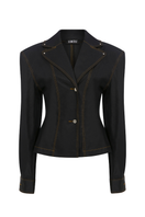 Sudi Etuz raw denim blazer with shoulder pads, featuring classic denim texture and tailored fit for a stylish casual look.