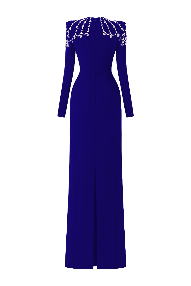 Tracy Studio COBALT BLUE LONG SLEEVE TRAPEZOID NECKLINE BODYCON FULL DRESS | Cult Mia Tracy Studio COBALT BLUE LONG SLEEVE TRAPEZOID NECKLINE BODYCON FULL DRESS | Cult Mia