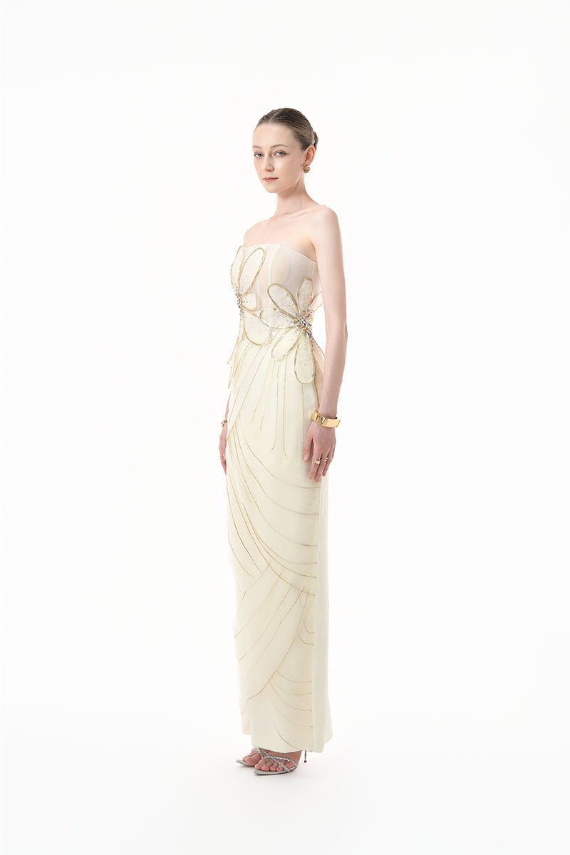 Ivory 3D floral corset column gown by Happy Clothing featuring intricate floral embroidery and a fitted silhouette.