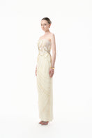 Ivory 3D floral corset column gown by Happy Clothing featuring intricate floral embroidery and a fitted silhouette.