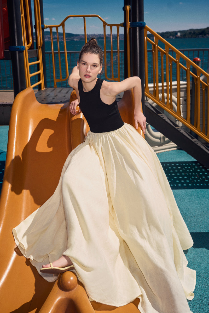 NIKI LINEN KNIT BLACK AND YELLOW MAXI DRESS - CULT MIA