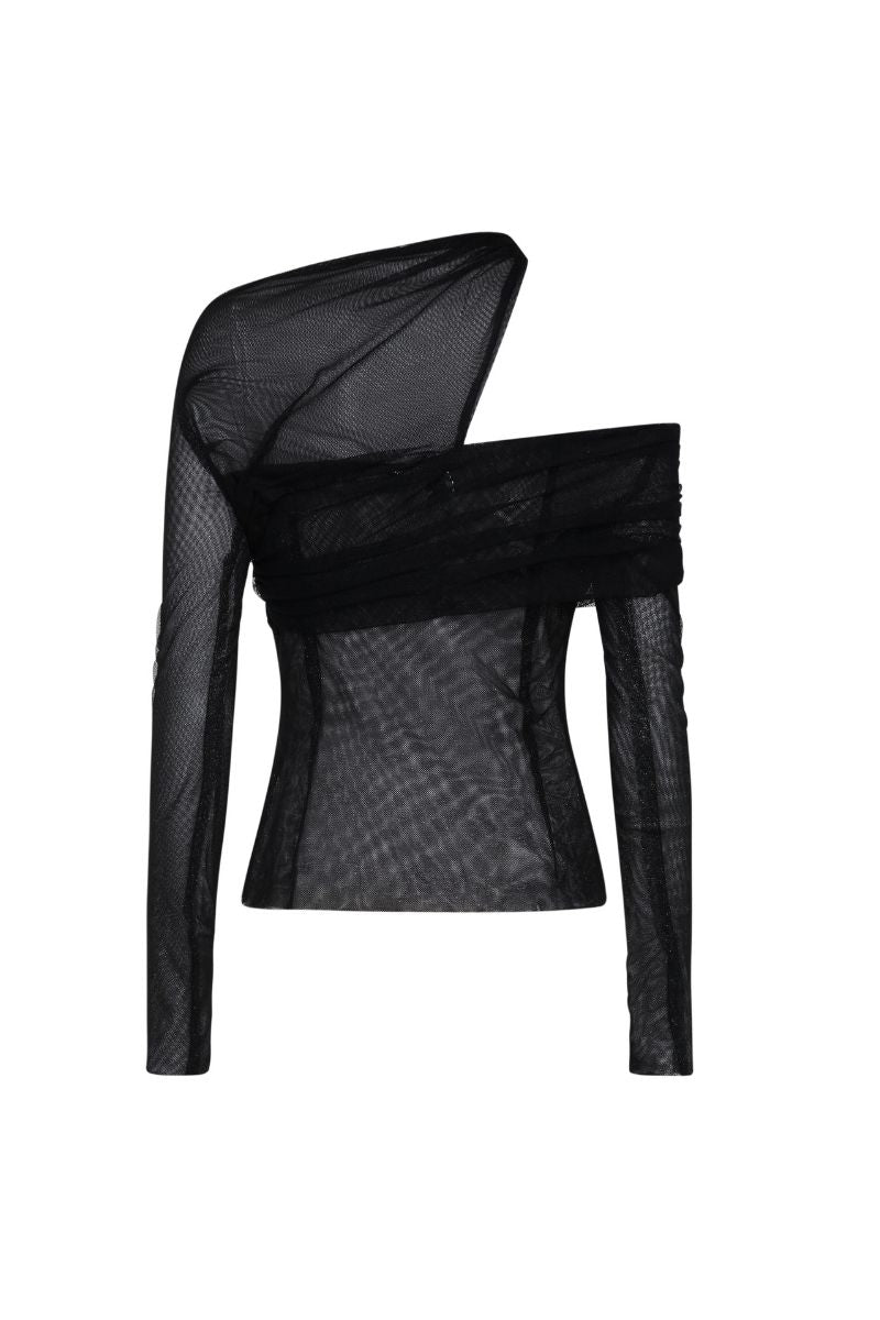 BLACK DRAP ASYMMETRIC OFF-SHOULDER TOP - CULT MIA
