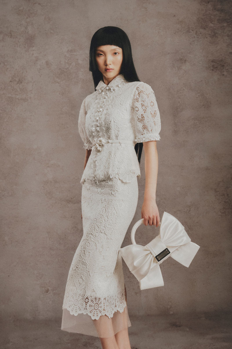 Ivory lace charm set co-ords by White Plan featuring delicate lace details and matching top and bottom pieces.