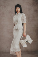 Ivory lace charm set co-ords by White Plan, featuring delicate lace fabric and matching top and bottom pieces laid out flat.