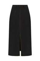 Sudi Etuz raw denim midi skirt with a high waist, button details, and casual fit, displayed on a model.