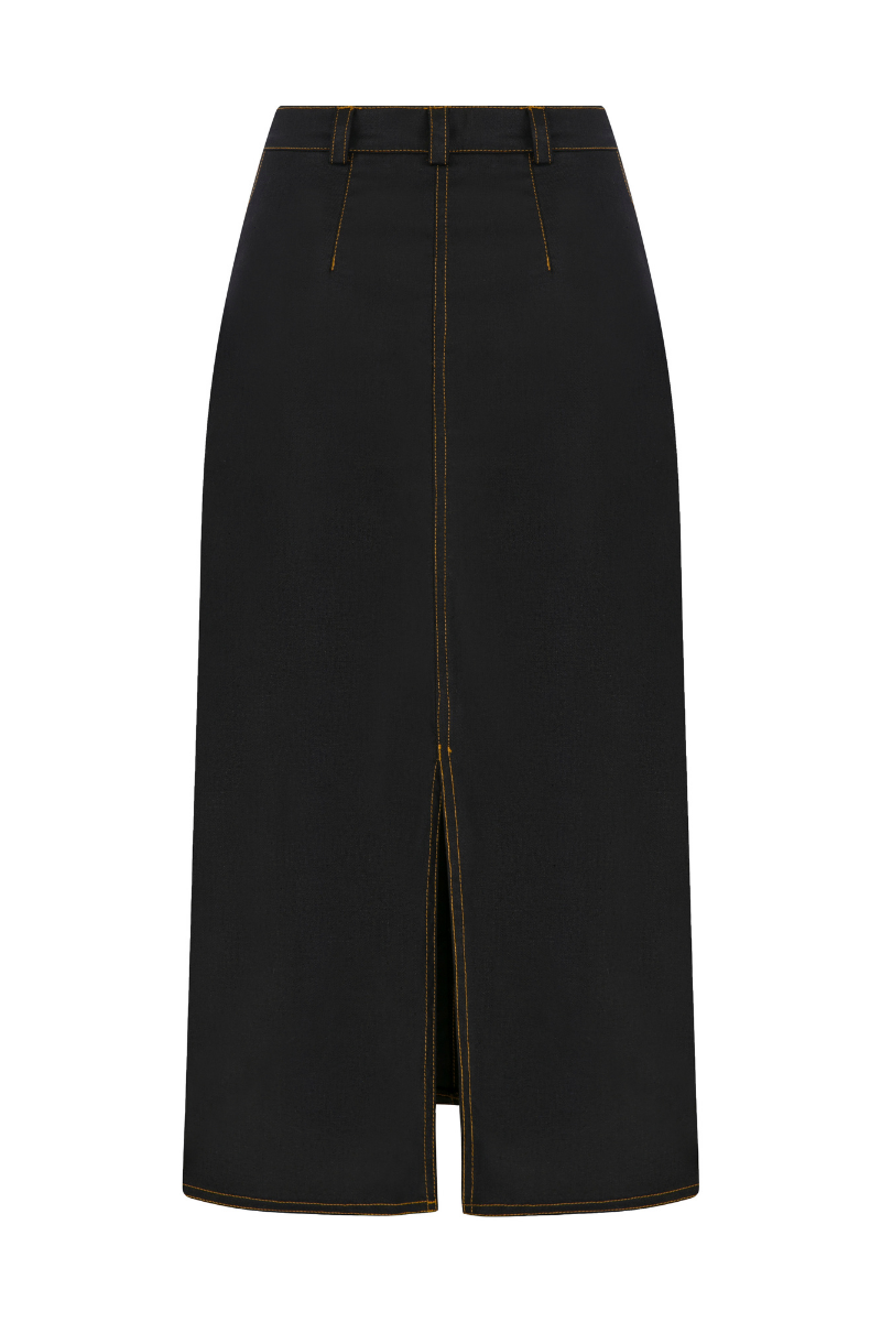 Sudi Etuz raw denim midi skirt with a high waist, button details, and casual fit, displayed on a model.