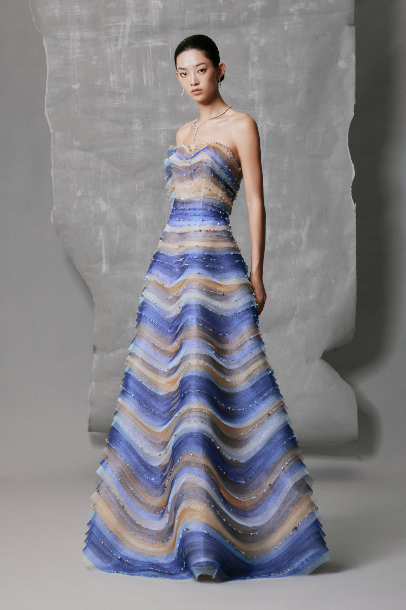 blue mesh oriental dress GRADIENT BLUE STRETCH-MESH A-LINE DRESS | CULT MIA