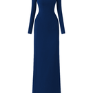 Navy blue long sleeve trapezoid neckline bodycon gown by Tracy Studio, fitted dress with elegant silhouette and full-length design.