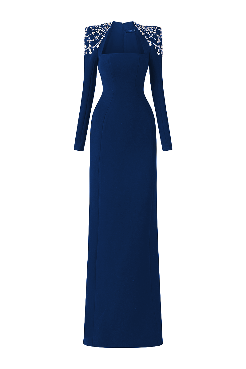 NAVY BLUE LONG SLEEVE TRAPEZOID NECKLINE BODYCON FULL DRESS - CULT MIA