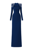 Navy blue long sleeve trapezoid neckline bodycon gown by Tracy Studio, fitted dress with elegant silhouette and full-length design.