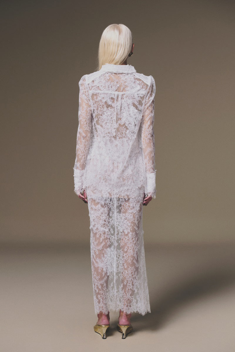 White Petal Sheer Long Sleeve Shirt by Keira Tong, featuring delicate sheer fabric and elegant long sleeves.