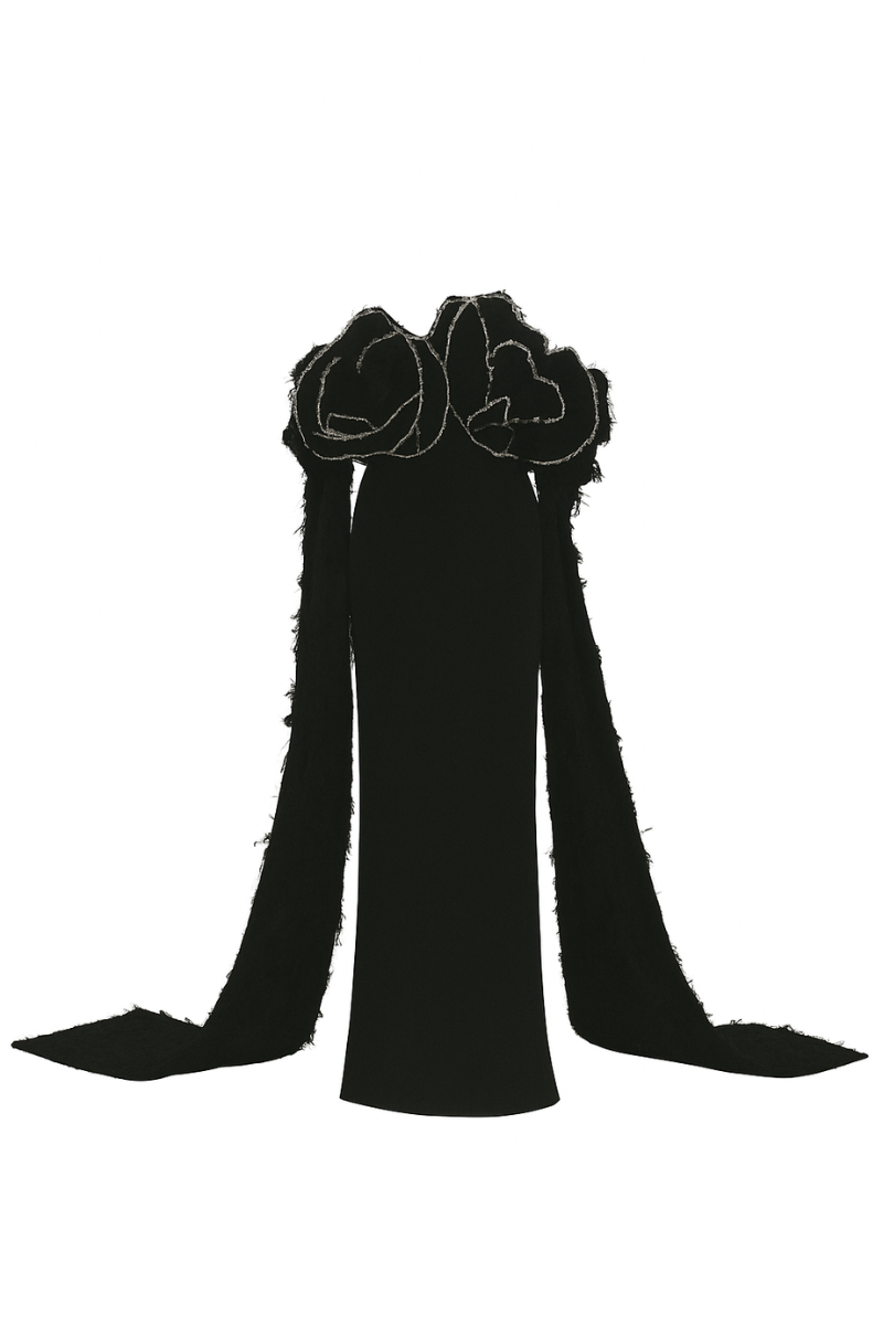 OFF-SHOULDER POLY CREPE AND FRINGE JACQUARD MAXI DRESS