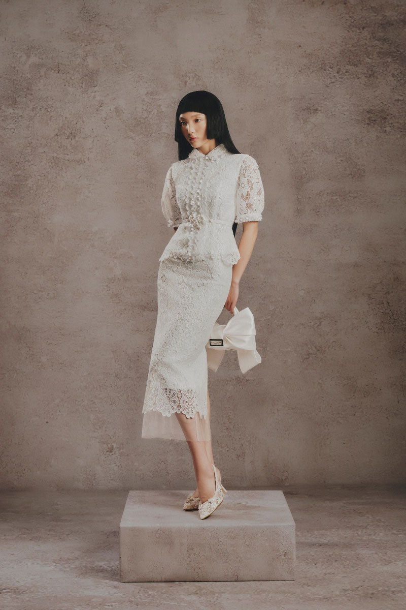 White Plan ivory lace charm co-ords set featuring a lace top and matching bottoms, styled for a delicate, elegant look.