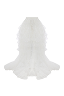 White crepe pants with ruffled train by Sudi Etuz, featuring flowy fabric and stylish ruffle detailing at the train.