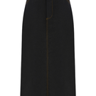 Sudi Etuz raw denim midi skirt with a high waist and classic five-pocket design, styled with a casual, modern look.