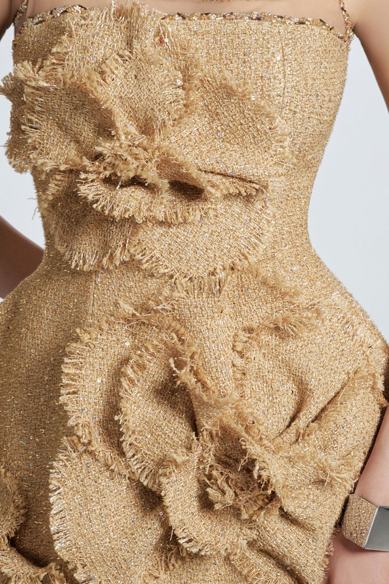 HAPPY CLOTHING FLORAL TWEED MINI DRESS IN BEIGE | Cult Mia HAPPY CLOTHING FLORAL TWEED MINI DRESS IN BEIGE | Cult Mia