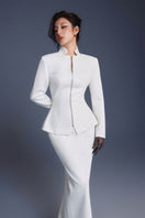 White zipper corset pencil maxi skirt by Keira Tong, featuring a fitted silhouette and stylish front zipper detail.