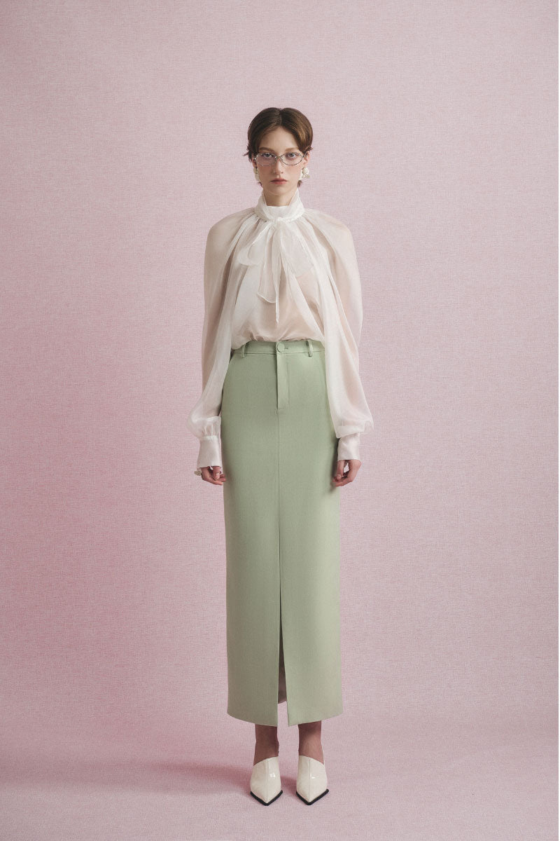 White Plan Elise blouse and skirt co-ords set, stylish matching outfit with a modern design, shown on a model.