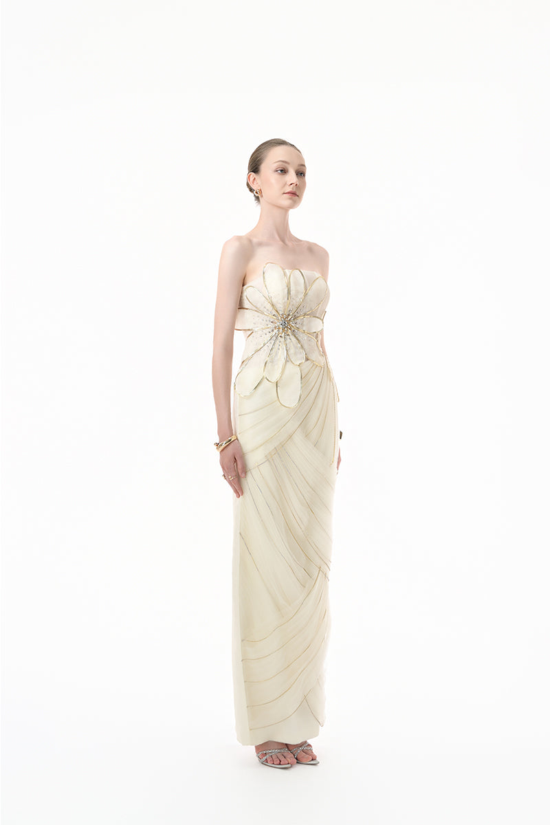 Ivory 3D floral corset column gown by Happy Clothing, featuring intricate floral detailing and a fitted silhouette.