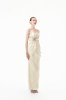 Ivory 3D floral corset column gown by Happy Clothing, featuring intricate floral detailing and a fitted silhouette.