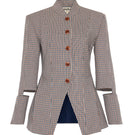 Contess blazer petite in brown checked pattern by ColoReve, tailored fit with lapel collar and single-button closure.