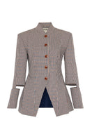 Contess blazer petite in brown checked pattern by ColoReve, tailored fit with lapel collar and single-button closure.