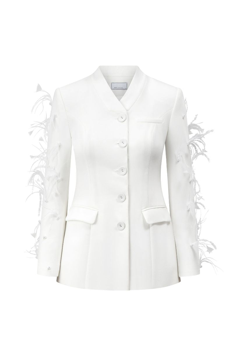 White Jane blazer by Arti Apparel displayed on a hanger, showcasing tailored fit and classic lapel design.