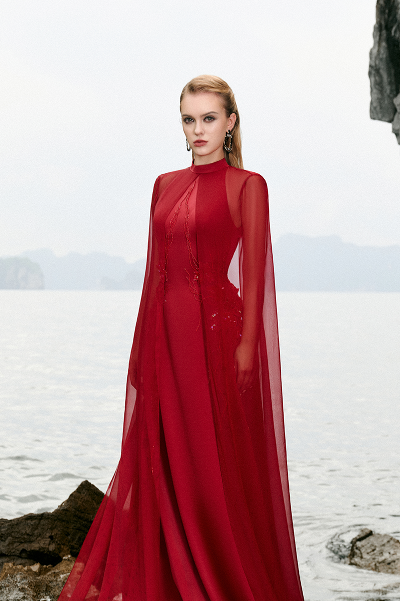 LONG SEE-THROUGH CAPE FLARED DRESS - CULT MIA