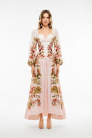 Pink Vivienne corset maxi dress by BY HAÓ, flowing fabric with fitted bodice and elegant design, perfect for formal occasions.