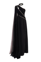 Black slit one-shoulder maxi gown by Happy Clothing featuring a flowing design and elegant style.
